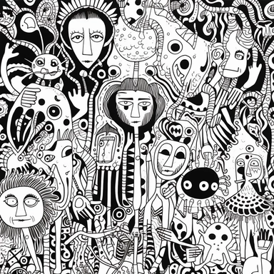 black and white coloring page for adults, lots of hippies , in the style of ominous vibe, monochromatic white figures, fine lines, creative commons attribution, wallpaper, childs drawing, animated exuberance, no shading, clipart
