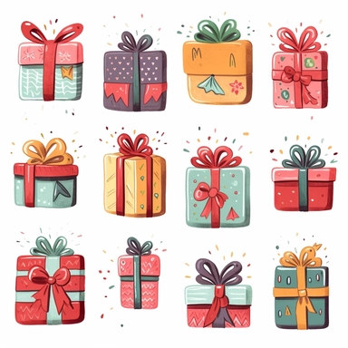 Christmas presents clipart set, whimsical and cute hand drawn illustration, playful expression, rounded shapes, isolated image white background