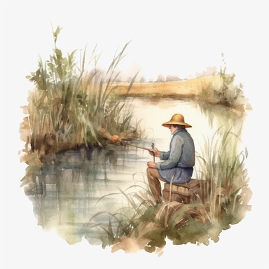 watercolor vintage fishing man, man in straw hat fishing among reeds by an idyllic lake clipart, no background, 4K