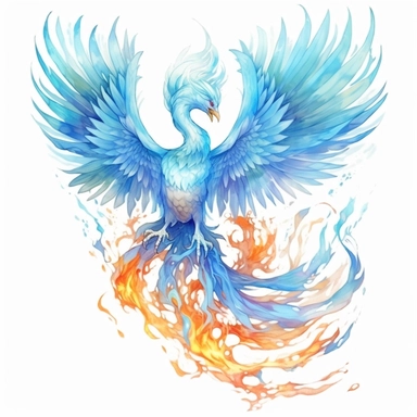 a glowing phoenix, fantasy creatures, watercolor, manhwa character design, master of blue flames, pure white and light azure, fairycore, monstercore, 2d game art, clipart, on white background,