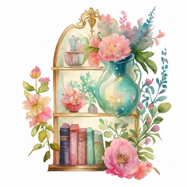 bookshelf and flower arrangement clipart, chinese watercolor, antique subjects, enchanting lighting, fairy kei, wallpaper, neo-victorian, glass figures