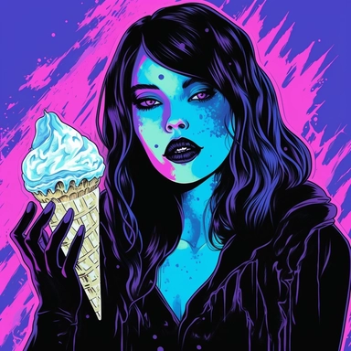 Illustrate a clipart image showcasing a goth woman with radiant eyes that shine brightly eating a glow in the dark, neon, ice cream on a cone. Use a rich and diverse color palette to enhance her appearance, and ensure the image is detailed and crisp. The background should be pure white