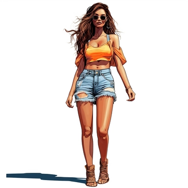 woman wearing overall shorts with bikini top underneath clipart