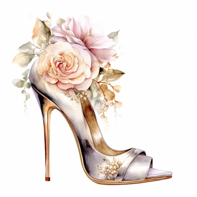 Watercolor clipart of silver gold high heels, decorated with bridal rose bouquet, elegant, shimmer, sparkling, realistic, centered, contour, isolated white background, 26k