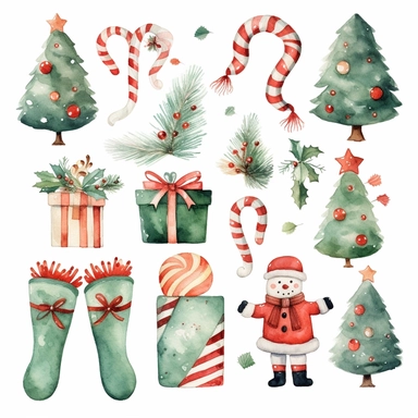 Watercolor Christmas elements , illustrations clipart set, simple, soft colors, cartoon elements, different variants, red and green christmas socks, candy, leaves, snow man, ribbon, tree, gloves , separate elements with a margin