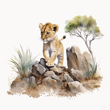 full body portrait of adorable cute tiny happy baby lion running playing on safari rocks and trees in backround watercolor childrens Clipart white backround