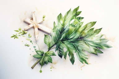 Easter Cross leaf.White Fabric,Green Leaves.Happy Easter,Jesus cross,Watercolor illustraion clipart on white background for easter day invitation card. , .highly detailed, + cinematic shot + photo taken by sony + incredibly detailed, sharpen details + highly realistic + professional photography lighting + lightroom + behance photography unsplash