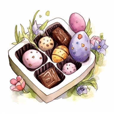 whimsical watercolour cute clip art against a white background Easter themed box of chocolates