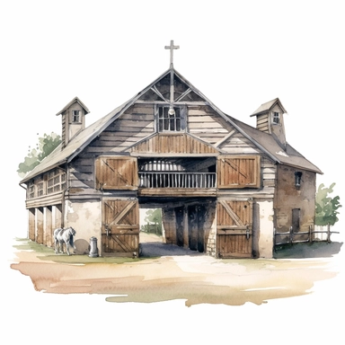 realistic watercolor drawing of a horse stable in England, on a white background where the background will be removed to repurpose as a clipart.