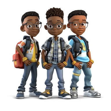 3D toy young 3 happy black boys wearing a backpack with a school uniform outfit in the style of boondocks in the style of marvel comics cartoon with white background can't believe how beautiful this is clipart, graphic vector, isolated on white background