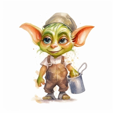 Create a watercolor clipart of a cute goblin in work attire, perfect for adding a quirky touch to your designs. The goblin should be depicted in a pastel color palette, with soft, whimsical brushstrokes and no background, making it easy to integrate into any project. Use a wide-angle camera lens to capture the goblin from a slightly lower angle, emphasizing its playful, mischievous nature.