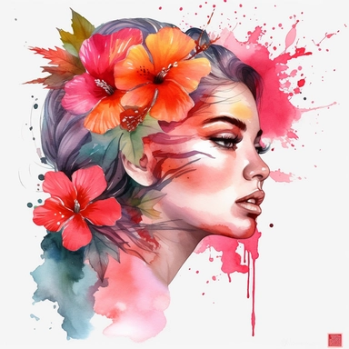 watercolor A woman's face, full body, Hibiscus - Hibiscus flowers are large and colorful, with petals that come in shades of pink, red, and yellow. They are often used in tropical-themed decor and are associated with warm weather and sunny days. with flowers and leaves adorning her hair. hair up with flowers vividly bold designs png Full body realistic cartoon in 32K UHD cute. 15 cm thick outline. Black color. There was no shadow on the ground. 8k with realistic watercolors. and detailed illustr