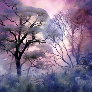 Watercolour wildflowers, trees in the forest, moon in background, lilac blue and purple colors, beautiful details, ultra detailed, ultra photo real intricate detailed, high definition, graphic clipart, hyper realistic, detailed, fog in background
