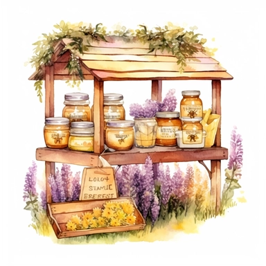hand drawn honey stand, honey for sale, flowers and grass, shades of yellow and purple, very detailed, very realistic, watercolor, clipart style white background with margins