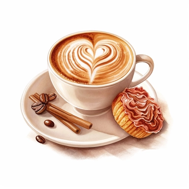 Isometric illumination of commercial shot of ultra - realistic watercolor painting of a really delicious coffee with a biscuit, cappucino art heart clipart, good looking food, delicious, yummy, foodie, healthy, white background no text, isolated on white, watercolor illustration, award winning, strong and sharp lines, upscale