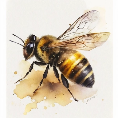 Envision a charming watercolor clipart capturing the essence of a honey bee. The bee is portrayed with delicate brushstrokes, showcasing its vibrant yellow and black stripes, as well as its translucent wings in graceful flight. The watercolor technique adds a touch of softness and depth to the artwork, with gentle blends of warm yellows, earthy browns, and hints of shimmering gold. The bee is depicted in a natural setting, surrounded by blossoming flowers painted with lively, vivid colors, refle