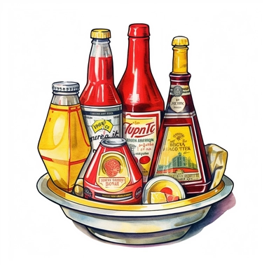 watercolor and ink styling, retro futuristic space age ketchup and mustard bottles, clipart on plain white background, 50s vibes, super high detail ultra precision 16k HD, clean crisp brushwork, painted by Beatrix Potter