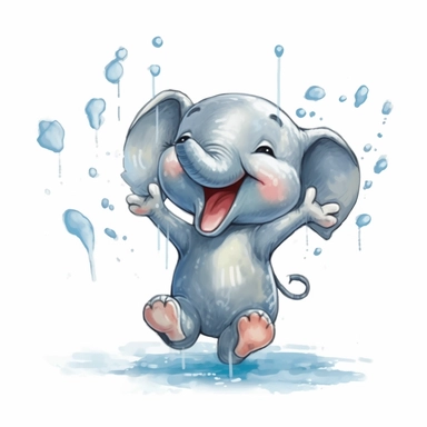 anime 300 dpi clipart An elephant joyfully dancing in the rain white background