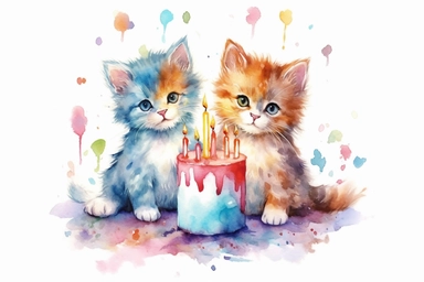 beautiful watercolor pastel 3 birthday baby cats eating birthday cake clipart,hd,pixar style,isolated on white background, spaced out
