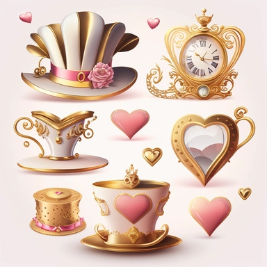 collection of hat , teapot,book, teacup, hearts cards, big crazy hat, gold melting clock , hourglass, queen of hearts , hearts paying cards vector clipart gold and light pink on white background