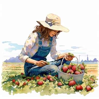 watercolor, hyper realistic, white background, white margins, 16k, ultra detailed clipart, cut out image, hand-drawn, whimsical a pretty female picking fresh strawberries on a farm, with a blue sky and green fields in the background. ultra HD, clean and sharp art