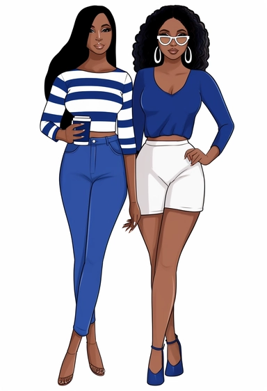 vector illustration of full body detailed melanin beautiful sorority girls wearing royal blue and white with white background.. no watermark! vector clipart, character drawn with thick black lines like for a coloring book! with no watermarks