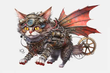 watercolor clipart, A beautiful cute steampunk cat made entirely of metal gears, cogs, and clockwork mechanisms, with glowing red eyes, ready to take flight on a steam-powered plane, hd, on white background,
