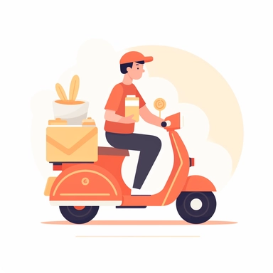 vector design, moped food delivery man, flat modern illustration, clipart, very simple picture, white background, soft gradient transition, in the style of warm color palette, natural pastel colors, object portraiture specialist, uniformly staged images, animated illustrations