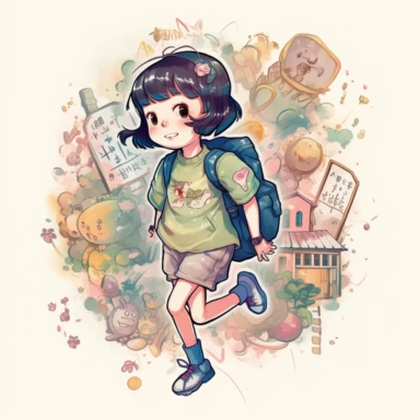 A detailed illustration of a Japanese kindergarten girl, going to school, wearing a cute backpack, style cartoon, colors, two-dimensional, planar vector, character design, T-shirt design, stickers, colorful splashes, and T-shirt design, Studio Ghibli style, soft tetrad color, vector art, fantasy art, watercolor effect, Alphonse Mucha, Adobe Illustrator, hand-painted, digital painting, low polygon, soft lighting, aerial view, isometric style, retro aesthetics, focusing on people, 8K resolution, u
