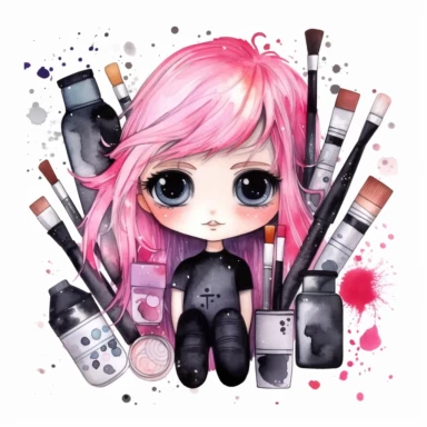 Watercolor funny create kawaii marbled black, silver, pink chibi with school supplies clipart, isolated