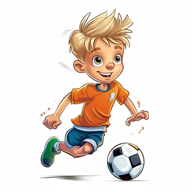 a 8 year old boy as a soccer star no hair on sides dark blond short hair brown eyes play soccer with ball, comic style clipart like paw patrol