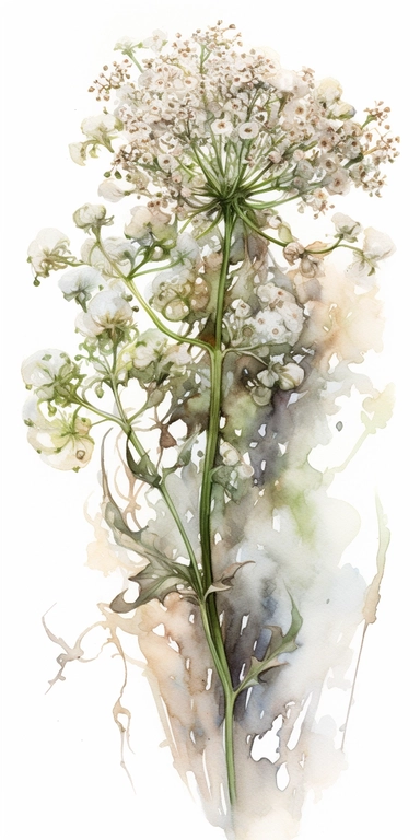 Watercolor Painting of SINGLE STEAM Baby's Breath FLOWER on white background beautiful multi - headed pale, Flora Design Patterns, Flemish Baroque by Rachel Ruysch, Behance, Rococo, Intricate Detailed, Soft Light Effect, Oil Paint Strokes, Light Academia Aesthetic Flowers, Lighting cinematic, all shown shimmering stamens, tyndall light, light effect, texture, colorful, 8k, fantasy, ray tracing, depth of field, vivid, spectacular lighting, octane rendering, highly detailed, ultra - realistic, whi