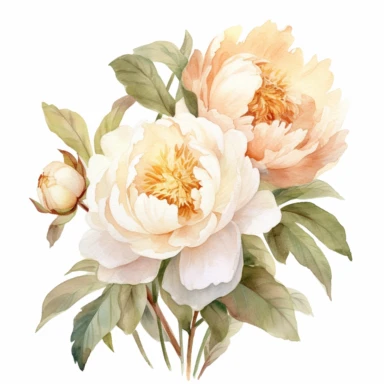 two white and beige watercolor Peony with leaves in the background, soft muted color, clipart, multiple flowers in a bouquet, different composition, ultrarealistic, high details, emotive fields of color, charming illustrations, bloomcore, fairycore, soft color, whimsical, isolated on white background