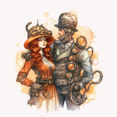 steampunk married couple watercolour, clipart