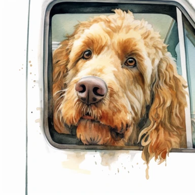 close up high detailed, Hand drawn watercolor clipart of Goldendoodle looking outside a moving pickup truck, on a pure white background for background removal, no shadow, no paint splash