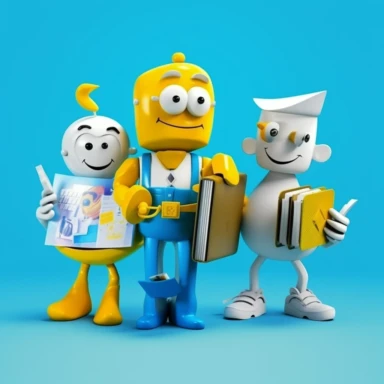 Explore Greece's three 3D anthropomorphic characters, wearing bright blue, white and yellow technology clothing, respectively, on behalf of taxation, called tax treasure, law called legal treasure and financial treasure, with cute smiles, holding creative props, treasure holding a computer, legal treasure holding a folder, treasure holding a calculator, the background is characteristic of the offices of Internet companies, such as cityscapes, digital, Watercolor Clipart, strybk, full Illustratio