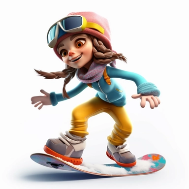cute young girl snowboarding in action on snowboard, smiling, full body, downhill snowboard clipart, Sport graphics, wide angle, 16k polished, isolated on white background, 3d, rendered by pixar