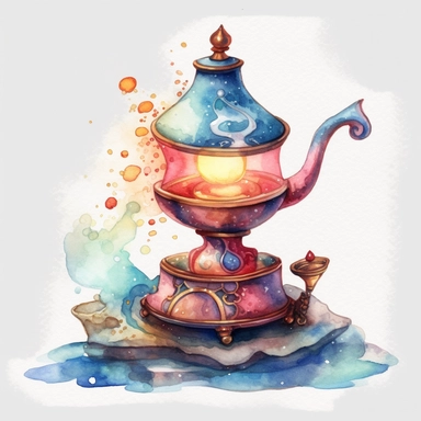 a Cute Magic Lamp watercolor Clipart sublimation clipart graphic, full body, clipart, sticker, a single picture, cartoon style, highly detailed, 8k, one image in the frame--no text in the picture--