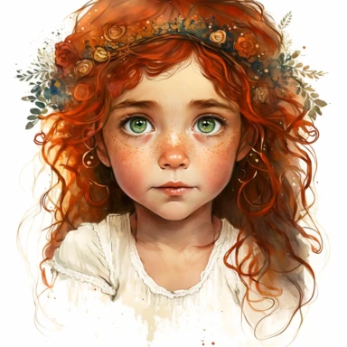 boho little girl, big eyes, Merida,centered, portrait, pose, very detailed and realistic, watercolor, clipart style
