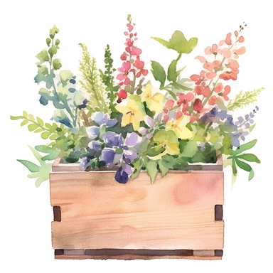 clipart, a watercolor painting of a wooden flower box filled with beautiful flowers and plants, in the style of yanjun cheng, colorful animations, rough clusters, clean and simple designs, leica cl, warm color palettes, colorful washes, white background--ar 34:33