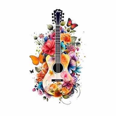 clipart de guitarra española con mariposas y flores, acuarela, 16k, hiper minimalista, megapixel, full color, super detailed,insanely detailed and intricate, ultra detallado