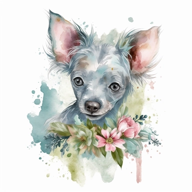 super cute newborn baby chinese crested clipart with huge cute blue eyes long fur smiling painted in watercolour style, splashes, pastel pink and sage green floral elements, white background 8k hd