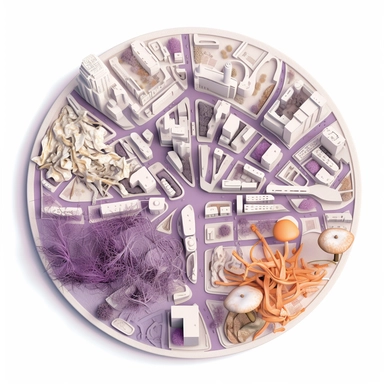 top-down view of a round scientific culture dish containing a simple map of a city block made with white fungal mycelium threads for the roads, a few major landmarks are small purple mushrooms, clean white background, iconic, clipart style, simple, cartoon, light colors, no grey
