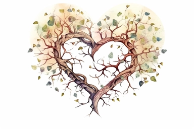Watercolor, Design a heart shape using intertwined tree branches and leaves clipart, hd, on a white background, spaced out