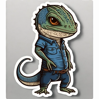 small cute anthropomorphic Chibi lizard animal, dressed like a man, wearing jeans and t-shirt, clipart, in sticker style, in comics style, cell shading