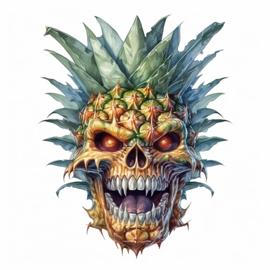 An intricate watercolor of the scary face of a pineapple demon. watercolor, white background, clipart, ultra high detail, ultrarealistic