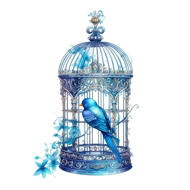 blue highly detailed watercolor clipart, charming birdcage in vibrant colors, fantasy, highly detailed, fantasy cartoon illustration, different shades of blue, whimsical, UHD, 8K, 3D, solid white background