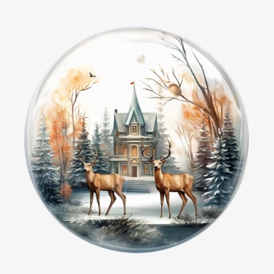 one transparent clipart stock of glassy house on a white background, with deer and snowman, in the style of botanical watercolors, spherical sculptures, frostpunk, miniature dioramas, luminous 3d objects, dark white and bronze, nature-inspired pieces , no watermark, text, 300 DPI , typography, shapes do not stick together, no text in the picture, on a white background