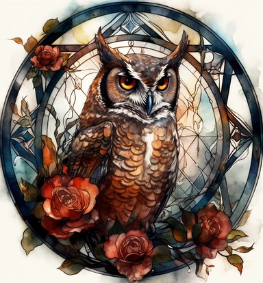 DESIGN A MAGNIFICENT AND EXQUISITE BREATHTAKING ONE-OF-A-KIND HIGH QUALITY HIGHLY DETAILED MASTERPIECE WATERCOLOR CLIPART ILLUSTRATION OF an owl and roses in a circular frame, in the style of powerful symbolism, aquarellist, stained-glass, massurrealism, cybermysticsteampunk, strong sense of realism, crowcore, STAINED GLASS WONDOW, WHITE BACKGROUND
