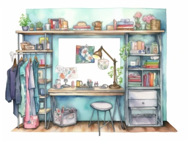 watercolor desk with lamp, book shelves, wardrobe, clothes hanger, clip art,planner elements, stickers a colorful clipping file featuring rhinestones, and accessories, in the style of hand-drawn, hallyu, pastel-hued, logo, sea and coast painter, maranao art, seapunk